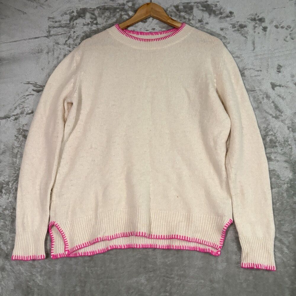 FILORO 2-Ply 100% Cashmere Sweater Women's L Crew Neck Ivory Pink School Luxury